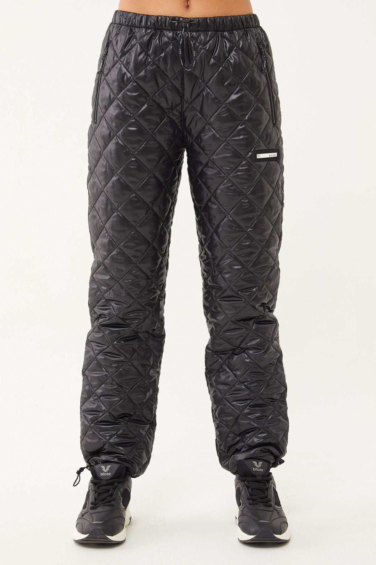 Women's Shiny Black Quilted Winter Zipper Pocket Outdoor Snow Pants 1563 Tb23wl05w1563-1