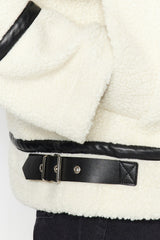 White Plush Faux Leather Detailed Coat Twoaw24kb00215