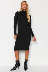 Black Midi Knit Shoulder Ruffle Dress Twoaw24el00231