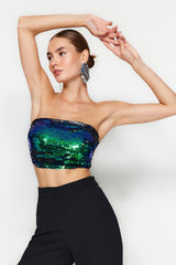 Green Crop Glitter Sequin Bustier Tpraw24bs00007