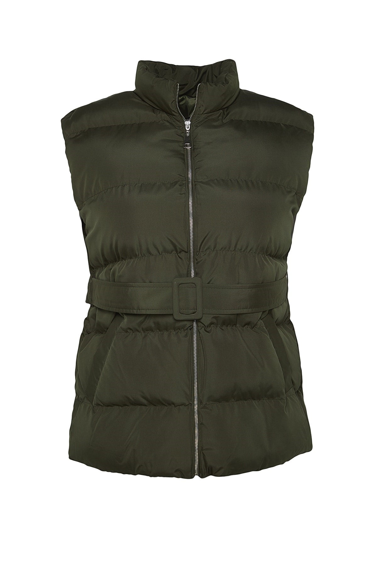 Khaki Waist Belt Detailed Quilted Vest Tbbaw24bh00001