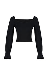 Black Ribbed Poplin Detailed Heart Neckline Fitted/body Fitting Flexible Knit Blouse Twoaw24bz00356