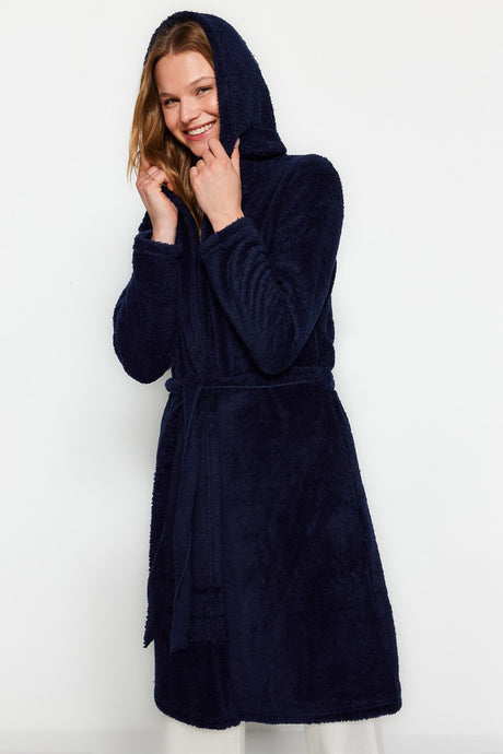 Navy Blue Wellsoft Back Detailed Hooded Knitted Dressing Gown Thmaw24sb00024