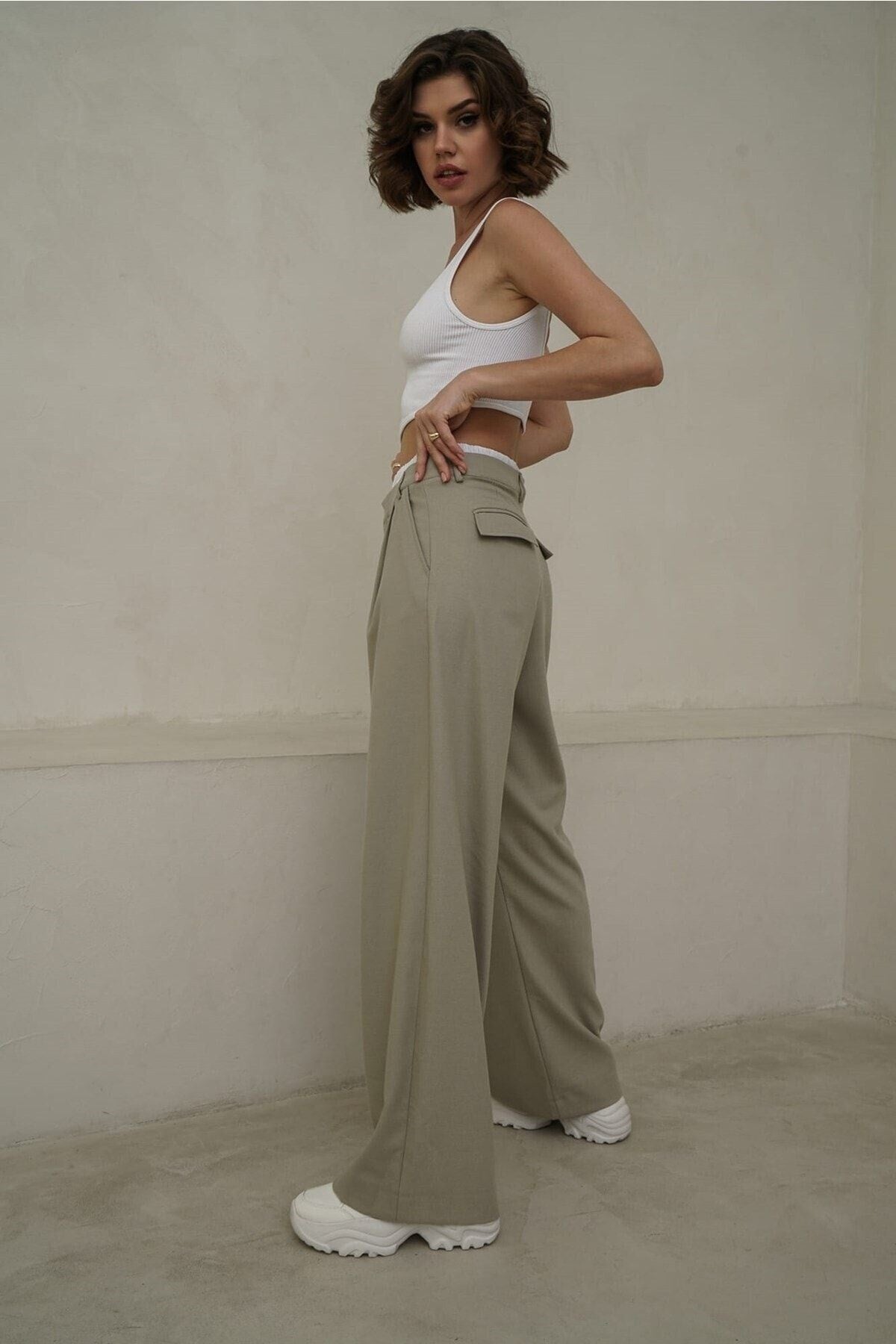 Poppy Boxer Detail Olive Green Palazzo Pants 2106