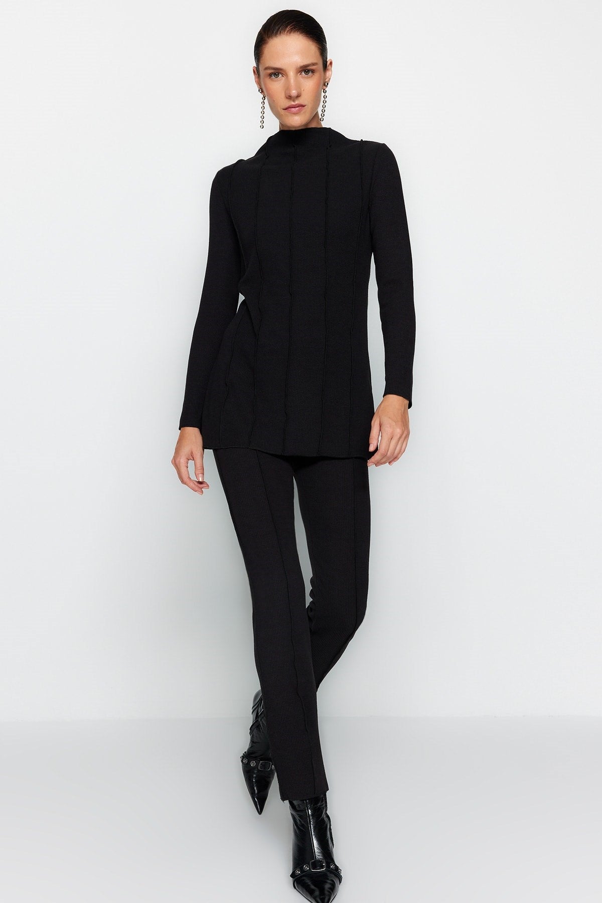 Black Ribbed Detailed Knitted Blouse-pants Bottom-top Suit Tctaw24us00082