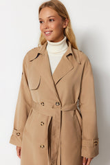 Beige Oversize Wide Cut Collar Plush Detailed Water Repellent Long Trench Coat Twoaw24tr00010