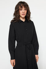 Black Belted Sleeves Cuffed Cotton Woven Shirt Dress Tctss23eb00072