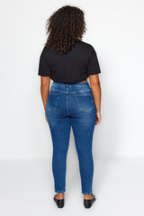 Navy Blue High Waist Attachment Not Available Skinny Plus Size Jeans Tbbaw24cj00048