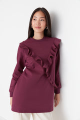 Purple Ruffle Detailed Knitted Tunic Tctaw23uk00052