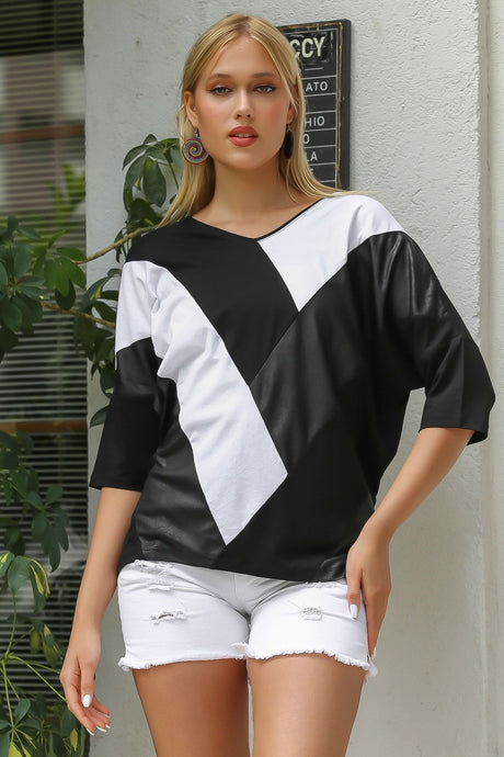 Black And White V Neck Bat Sleeve Leather Garnished Knitted Blouse M10010200bl93118