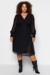 Black Slit Detailed A-line Woven Dress Tbbaw24ah00040