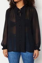 Black Woven Sleeves Shiffon Shirt Tbbss23ax00018