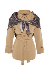 Beige Belt With Wide Shoulder And Windbreaker Detail Trench Coat Twoss22tr0042