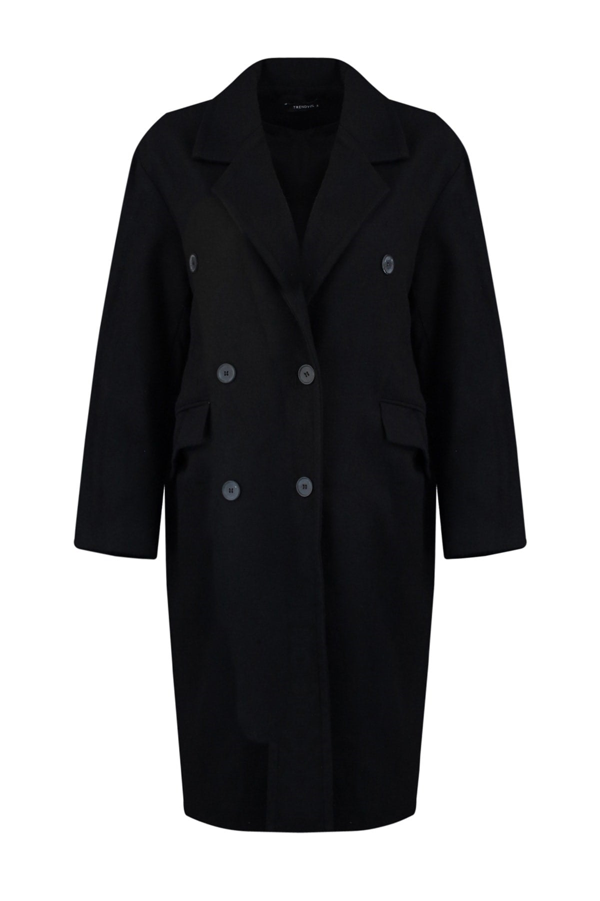 Black Oversize Button Closure Woolen Cashmere Coat Twoaw22kb0234