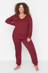 Burgundy Suprem V Neck Knitted Pajama Set Tbbaw23ai00007