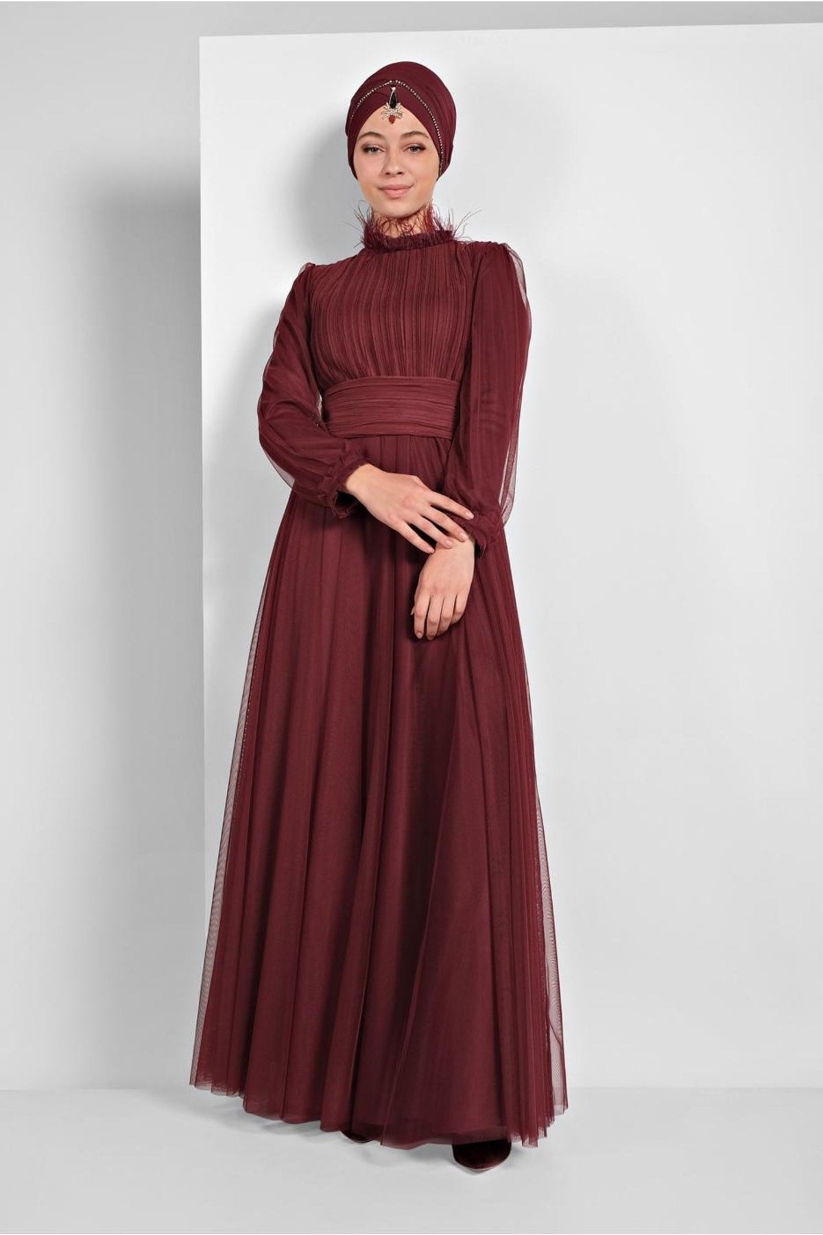 Women's Burgundy Tulle Draped Evening Dress 5910 20yabltr5910