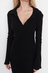 Black Fake Knitwear Body Fitting Polo Neck Maxi Ribbed Stretch Knit Dresswoaw23el00164