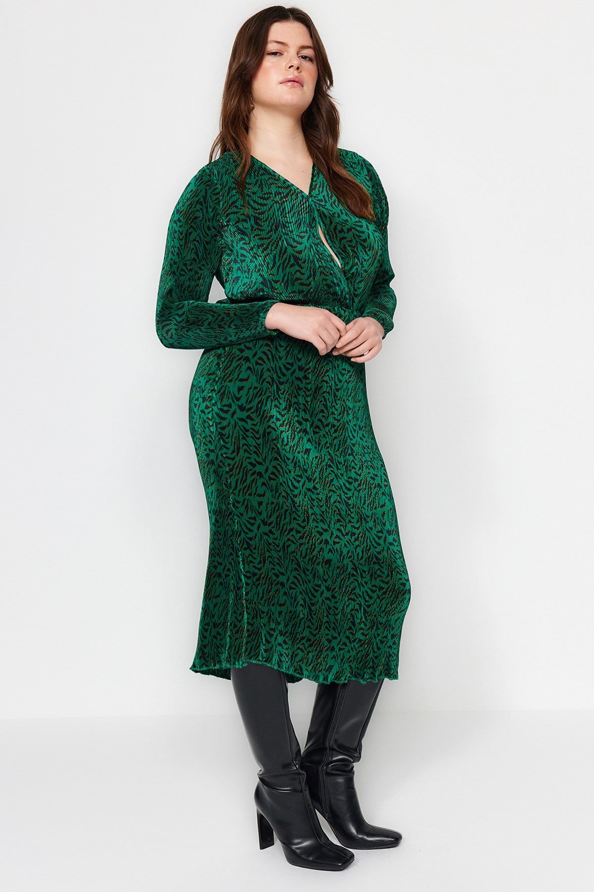 Green Animal Pattern Double Breasted Midi Woven Dress Tbbaw24ah00106