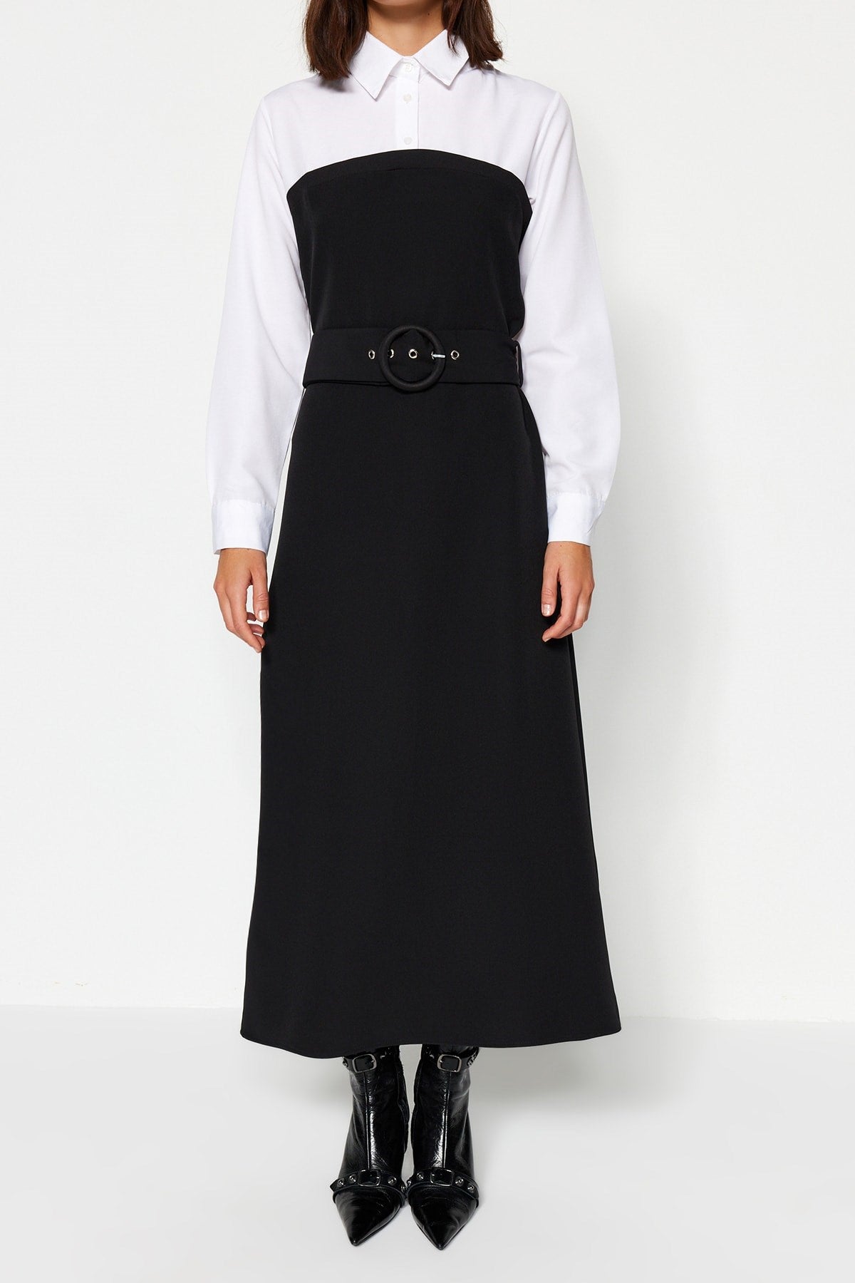 Black Belted Shirt Detailed Woven Dress Tctaw24eb00074