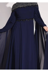 Women's Navy Blue Dominant Collar Beading Embroidered Chiffon Evening Dress 3208 18yabltr3208