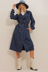 Women's Navy Blue Double-breasted Collar Waist Belted Sleeves Cuffed Seasonal Trench Coat Alc-x10980