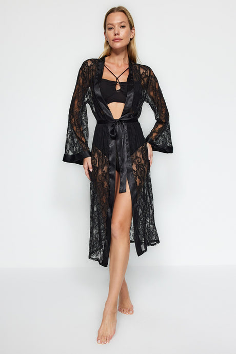 Black Premium Satin Band Detailed Lace Knitted Dressing Gown Thmaw24sb00011