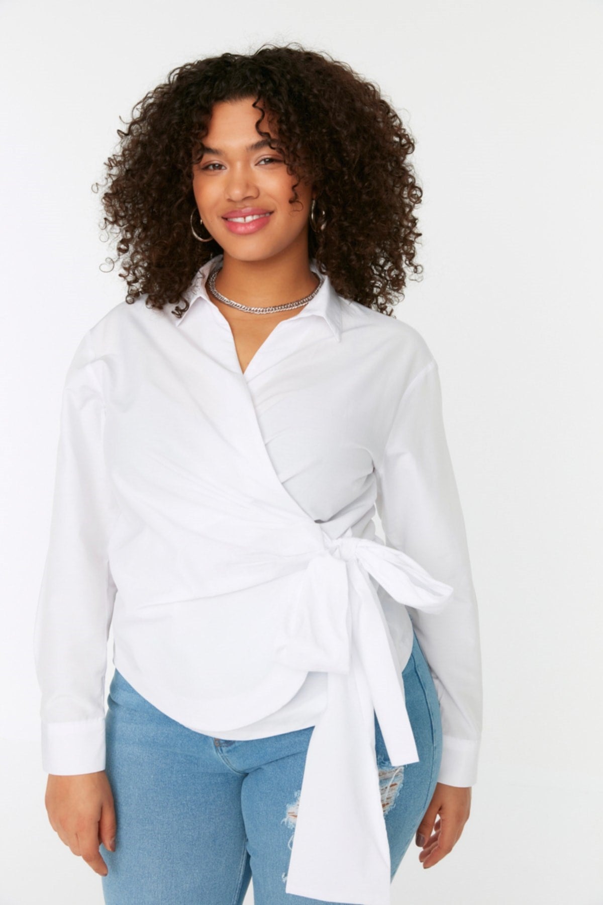 White Double Breasted Drawstring Detailed Woven Shirt Tbbss22go0628