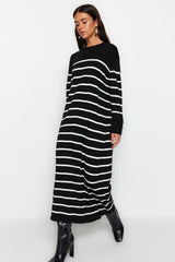 Black Sleeves Button Detailed Striped Knitwear Dress Tctaw24eb00002