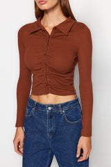 Brown Fitted/body Fitting Crop Polo Collar Ribbed Cotton Stretch Knit Blouse Twoaw23bz00130