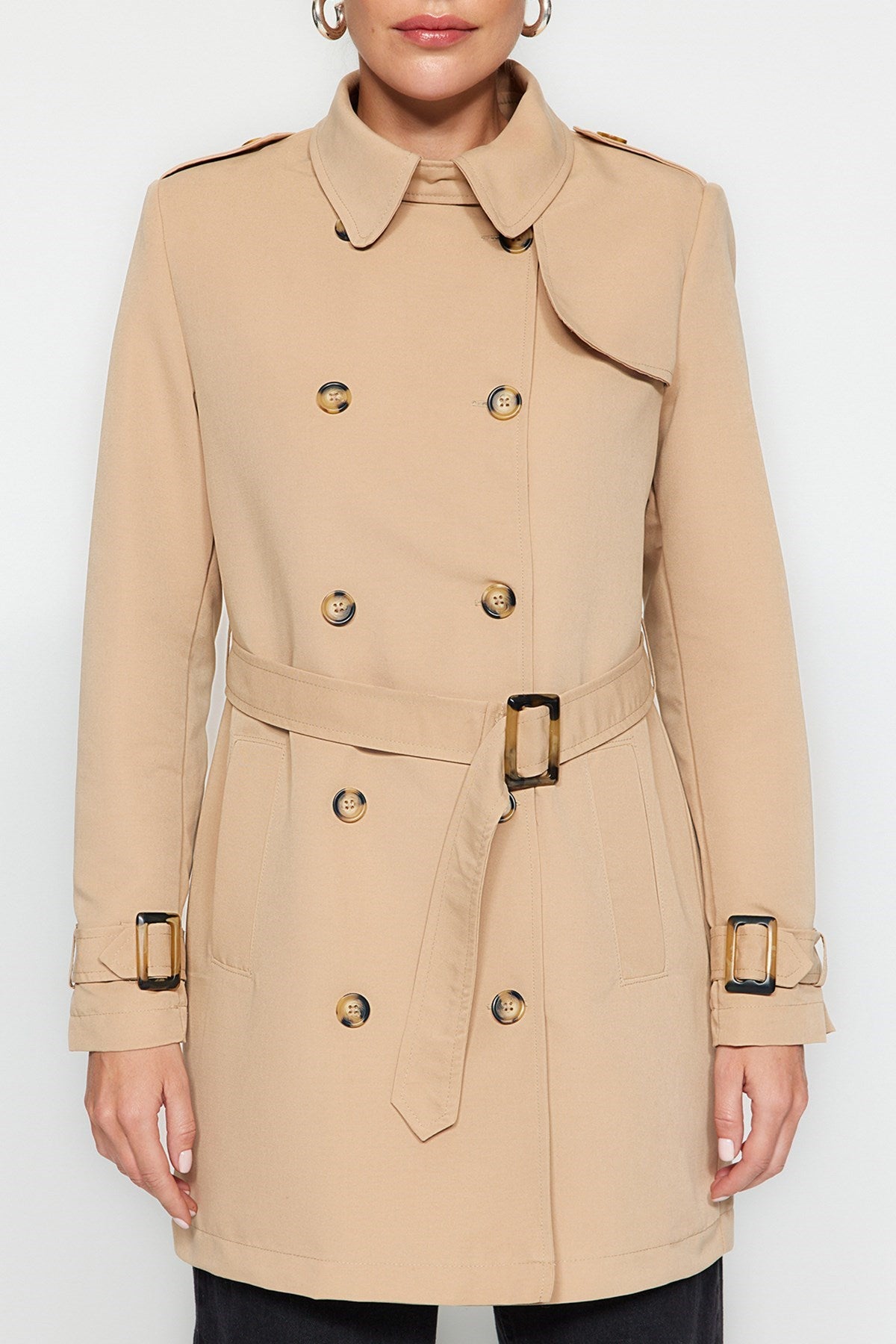 Beige Fitted Belted Trench Coat Twoaw24tr00049