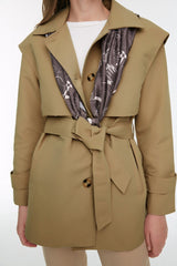 Beige Belt With Wide Shoulder And Windbreaker Detail Trench Coat Twoss22tr0042