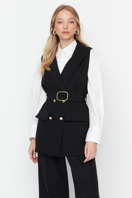 Black Waist Belted Jacket Collar Woven Vest Tctaw23yl00014