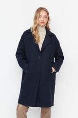 Navy Blue Jacket Collar One-button Lined Cashmere Coat Tctaw23ab00004