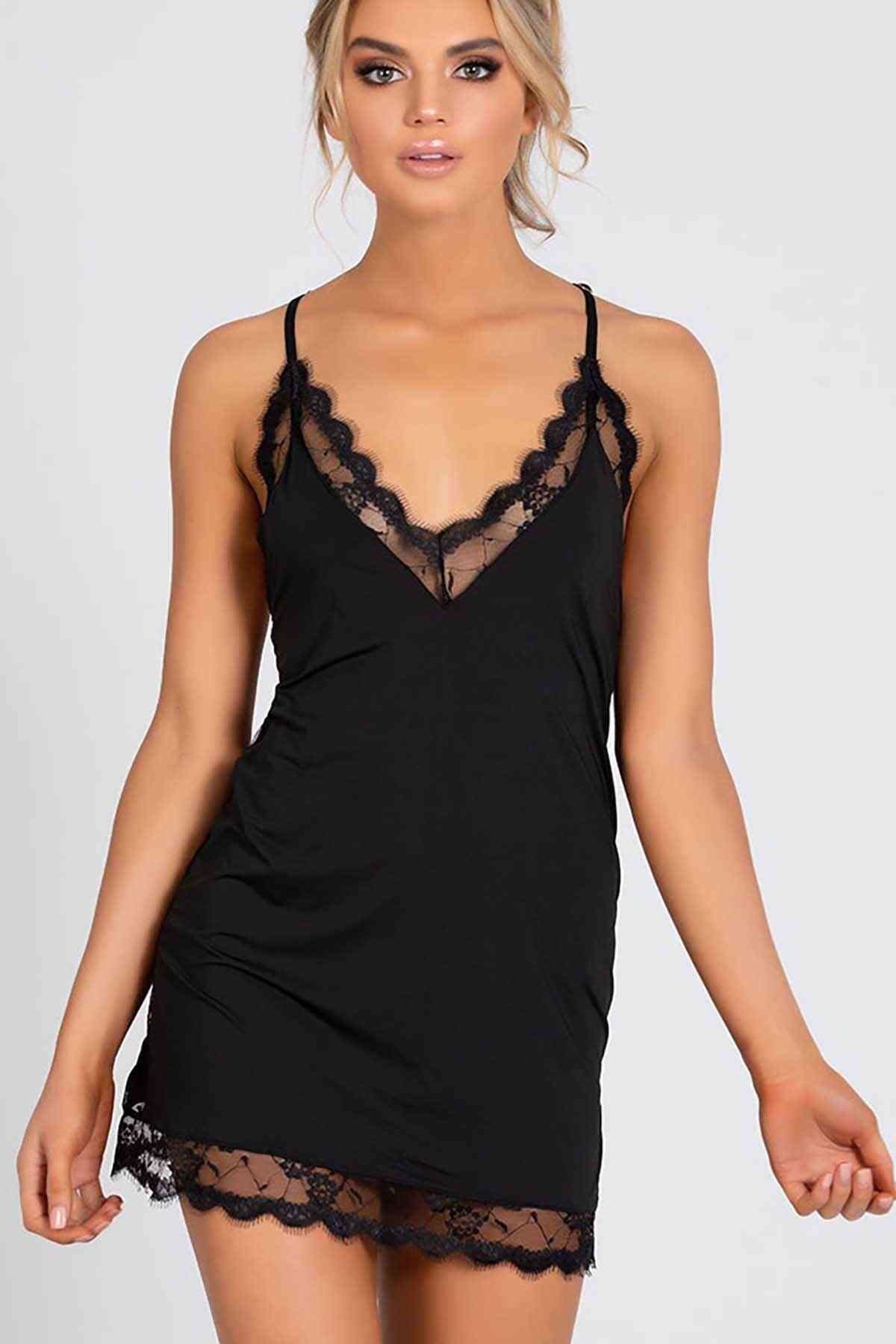 Lace Embroidered Nightgown Underwear Black Ms2607