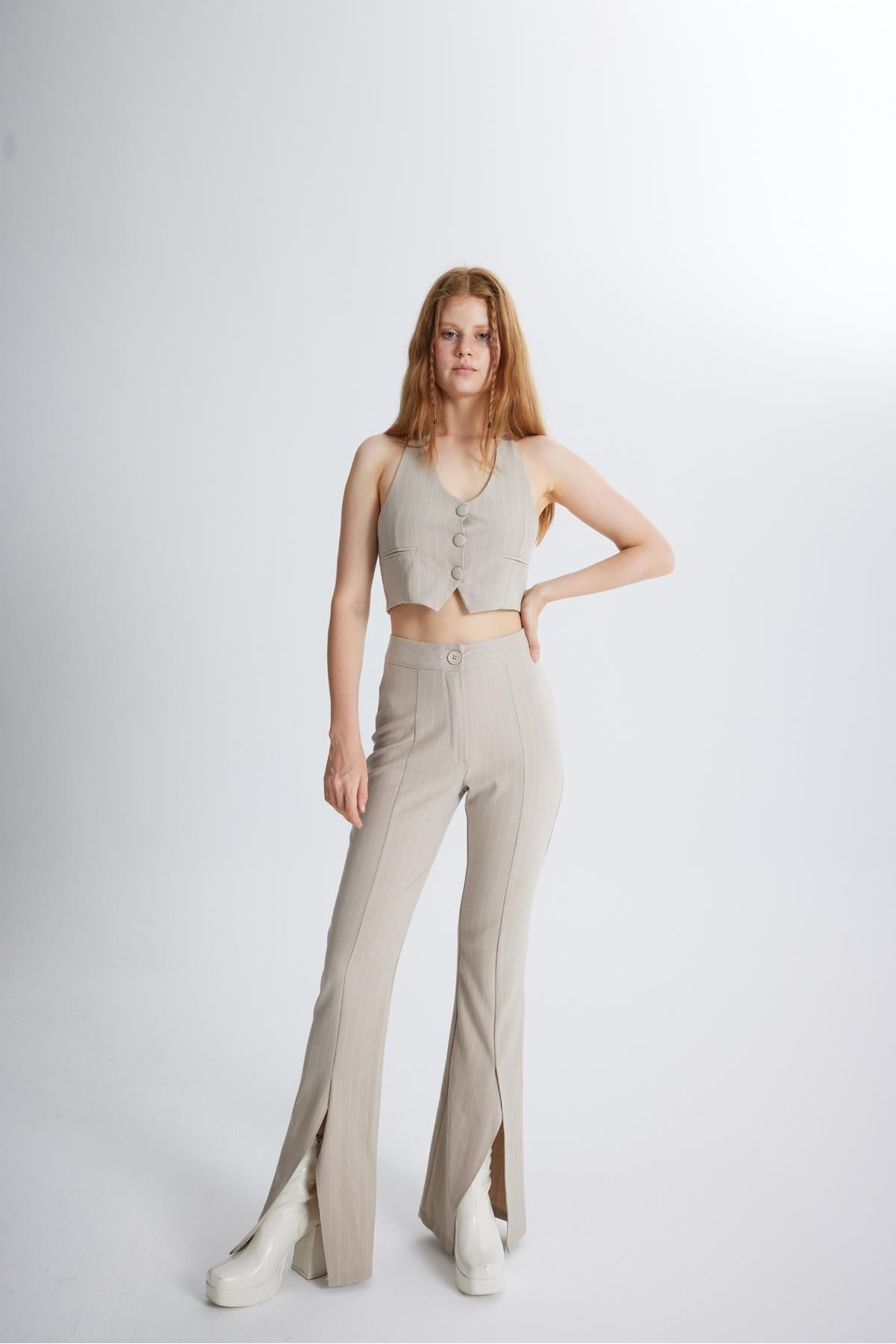 Front Slit Striped High Waist Algo Pants Beige Hlfw24-00012