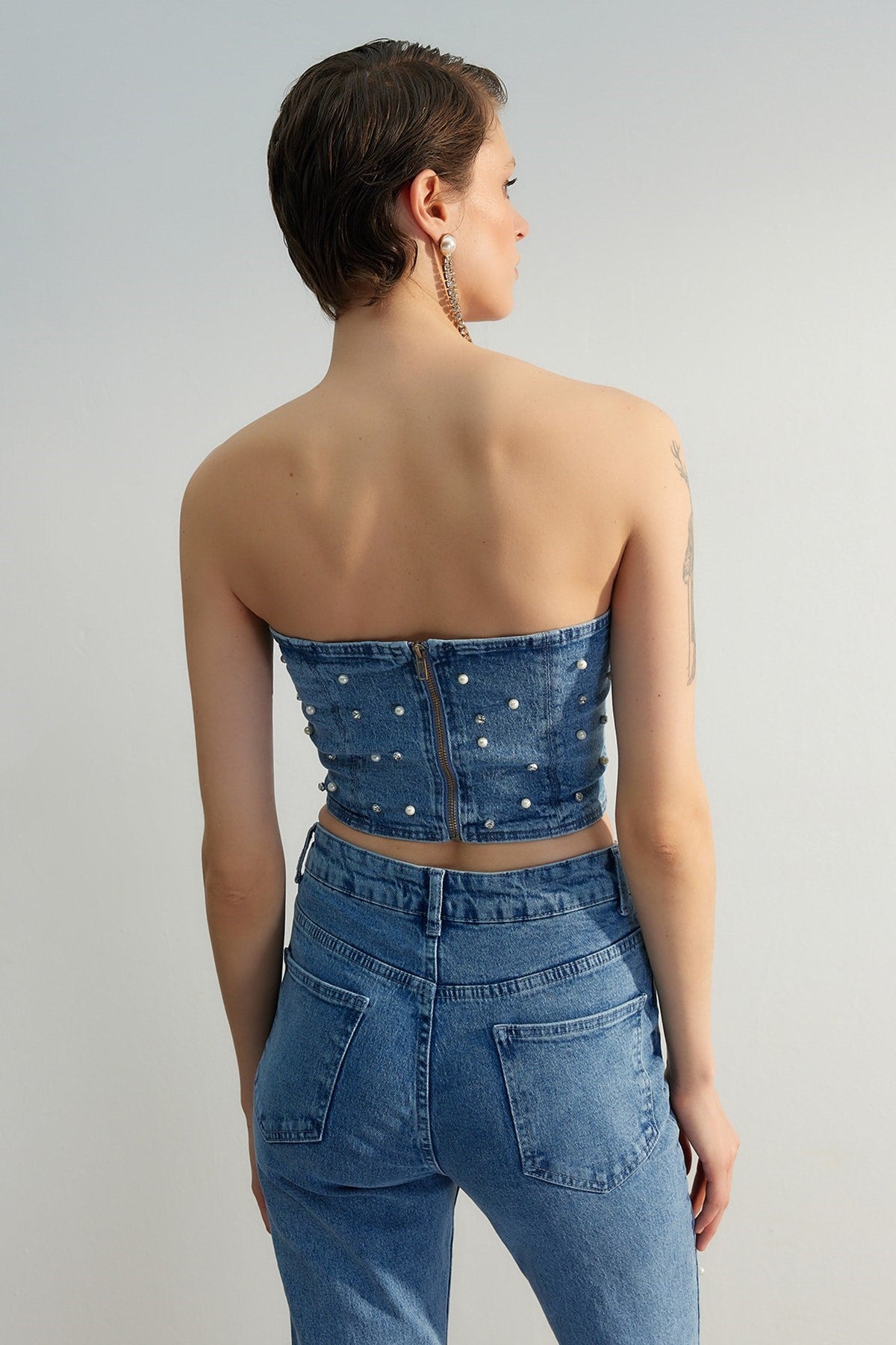 Limited Edition Blue Pearl Detailed Denim Bustier Twoss23bs00018