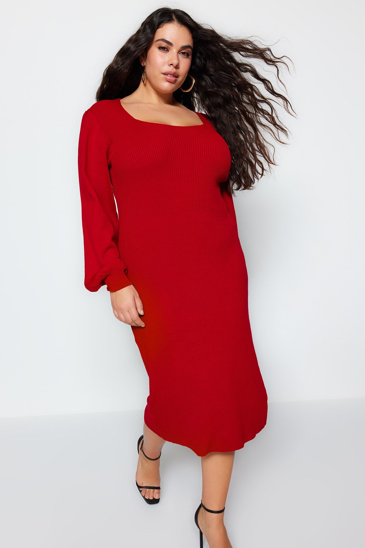 Red Plain Bodycone Midi Knitwear Plus Size Dress Tbbaw23ah00032