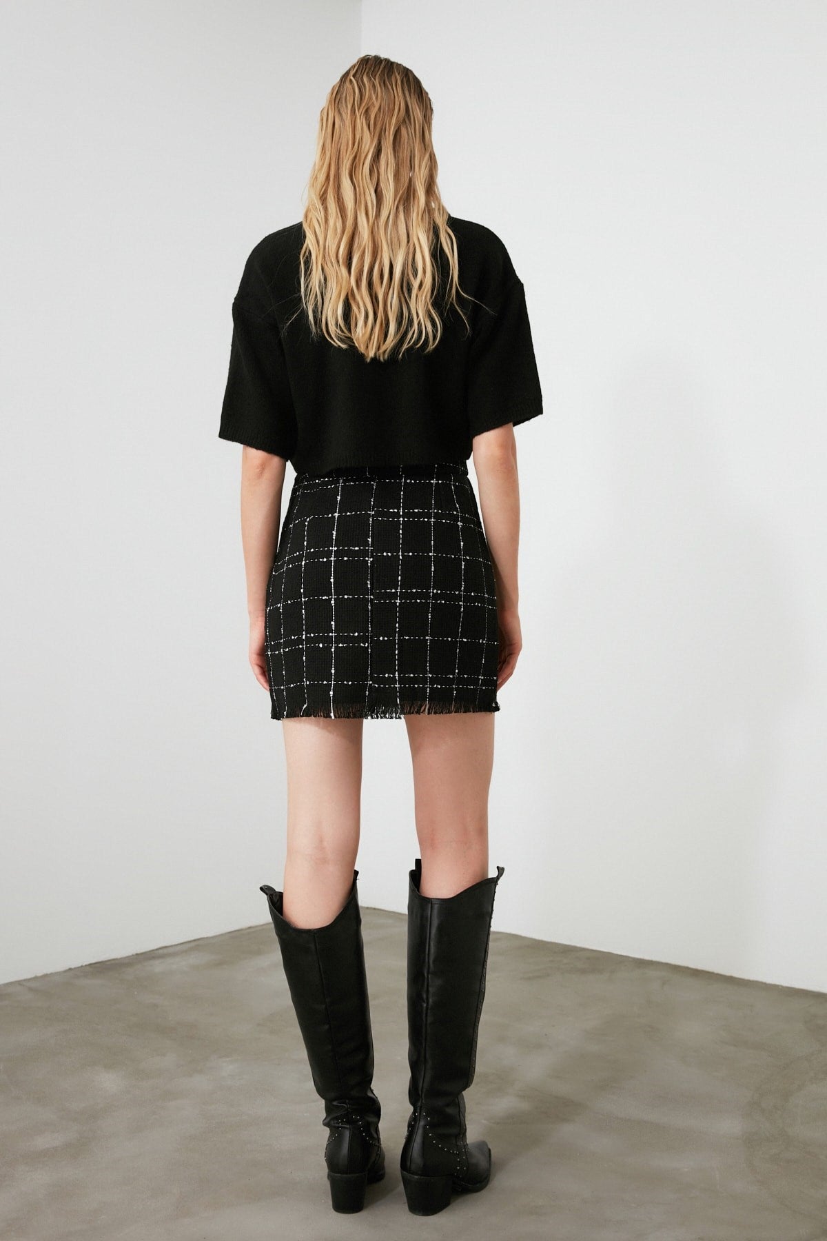 Black Tweed Fabric Mini Woven Skirt Twoaw21et0026