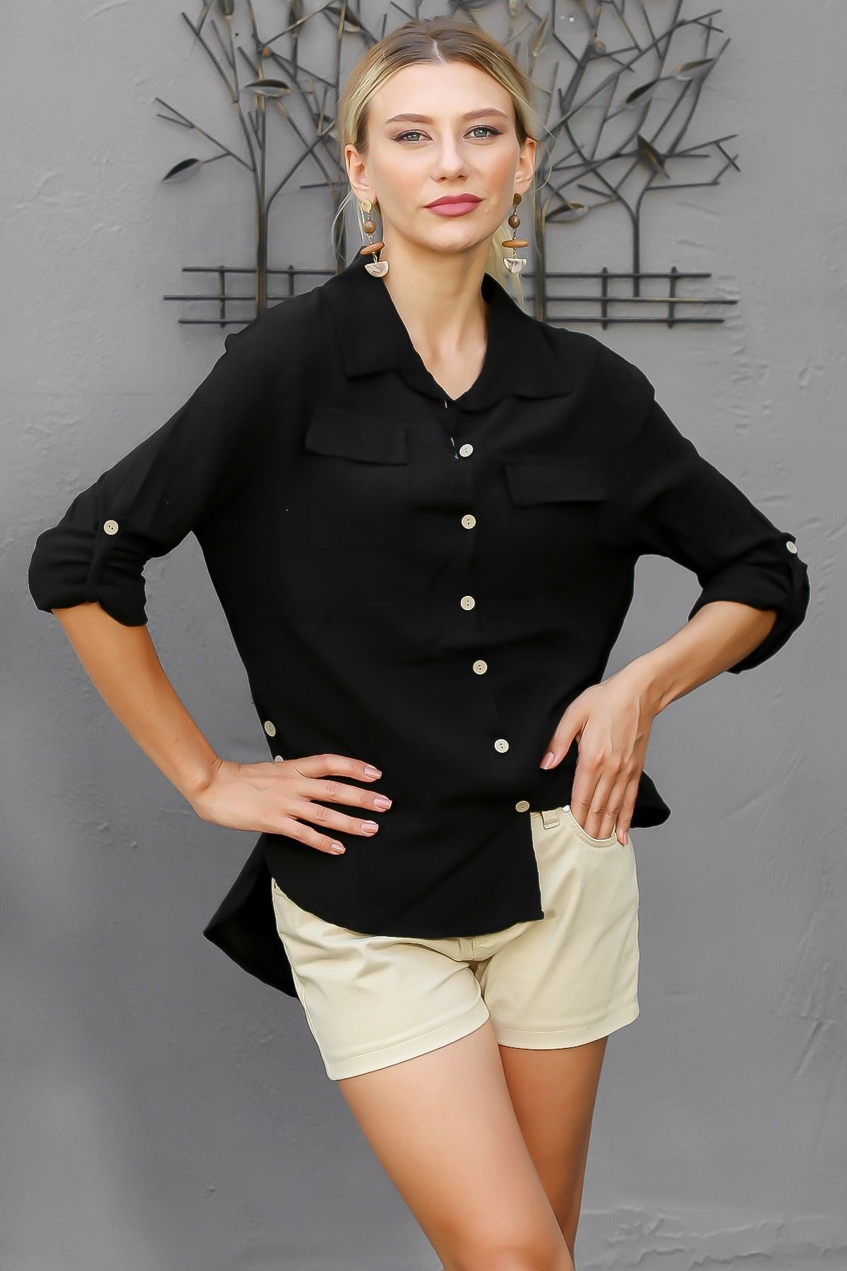 Beige Shirt Collar Long Sleeve Solid Color Buttoned Double Cover Pocket Woven Shirt M10010400gm99080