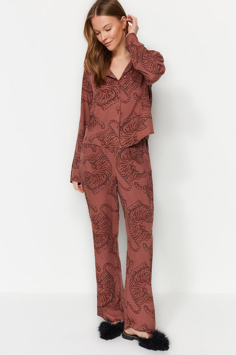 Dusty Rose Leopard Print Shirt-pants Woven Sleepwear Set Thmaw24pt00092