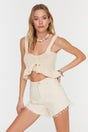 Beige Mini Denim Tassel 100% Cotton Shorts & Bermuda Tbess22sr0395