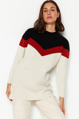 Black Ecru Color Block Striped Knitwear Sweater Tctaw24ak00154