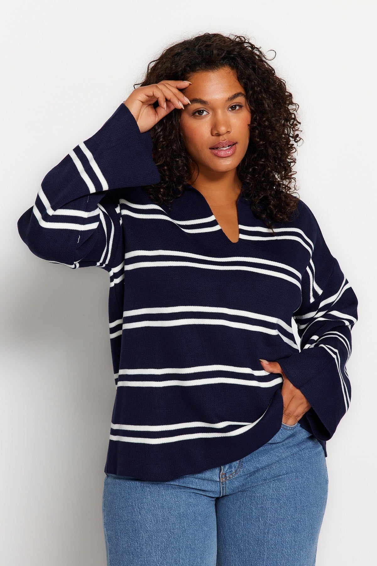 Navy Blue Striped Knitwear Sweater Tbbaw24an00013