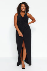 Black Straight Shift Midi Knitted Plus Size Dress Tbbaw24ah00095