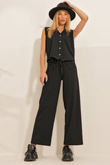 Women's Black V Neck Gold Button Detailed Vest And Pants Duo Set Alc-x10875