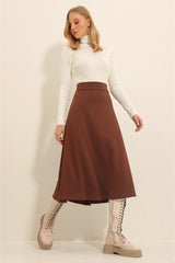 Women's Coffee High Waist Elastic A Form Midi Length Skirt Alc-x11324