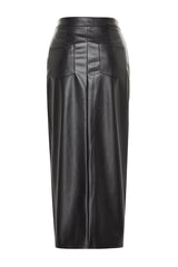 Black Slit Faux Leather High Waist Maxi Knitted Skirt Twoaw24et00198