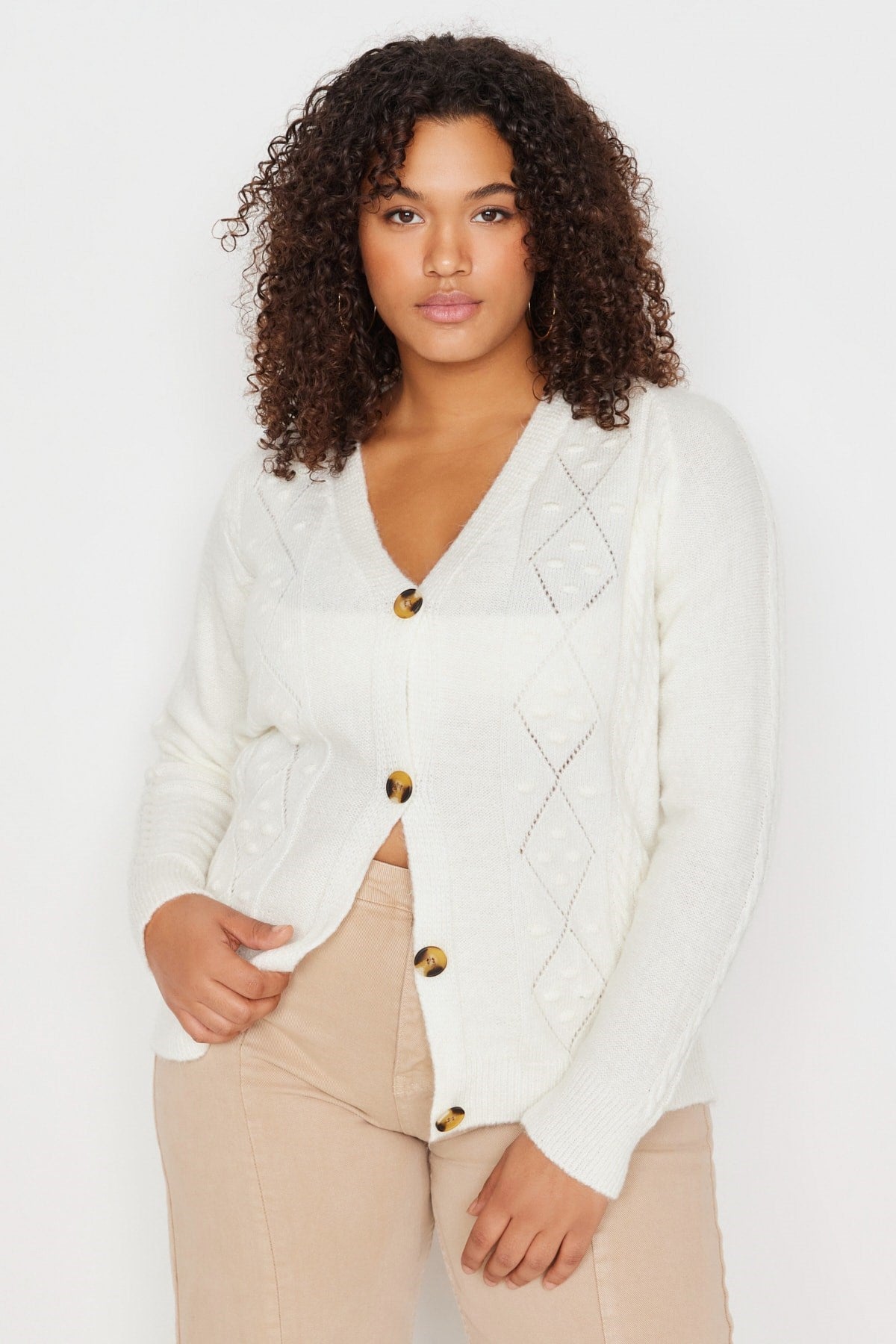 Cream Knit Detailed Knitwear Cardigan Tbbaw23av00060