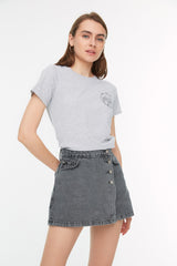 Blue Button Detailed High Waist Denim Shorts Skirt Twoss22sr0448