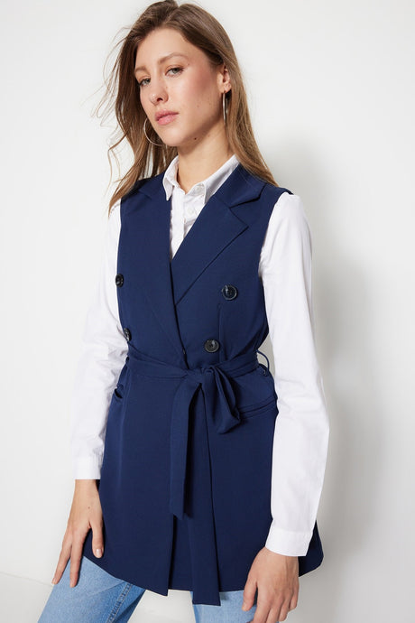 Navy Blue Tie Waist Detailed Woven Lined Vest Tctss23yl00029